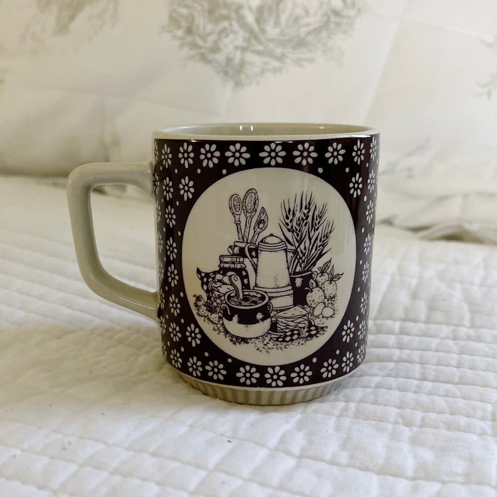 Vintage 70s Enesco Country Kitchen Mug Brown Floral Coffee Cup